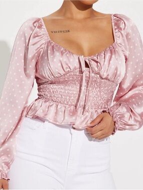 Blush Pink Polka Dot Smocked Tie-Front Satin Blouse